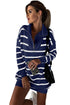 Striped O-Ring Zip Front Collared Drop Shoulder Long Sleeve Sweater Dress